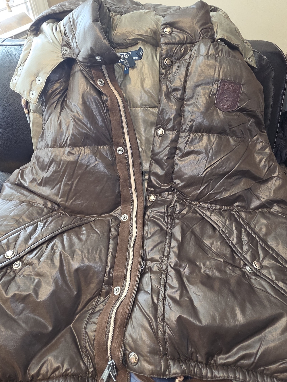 Polo by Ralph Lauren Shiny Dark Brown Quilted Puffer Jacket Mens